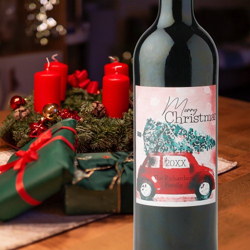 Vintage Red Car with a Christmas Tree Tied to Roof Wine Label
