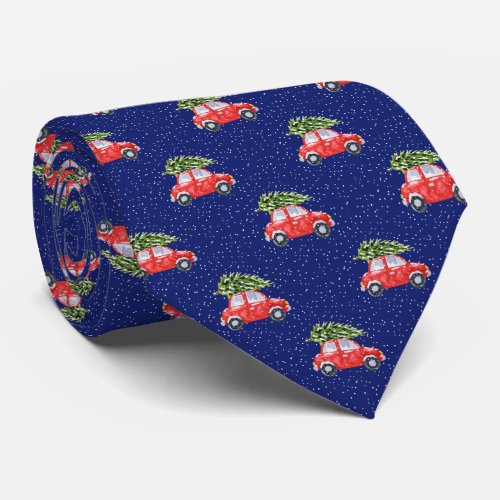 Vintage Red Car with Christmas Tree Blue Holiday Neck Tie