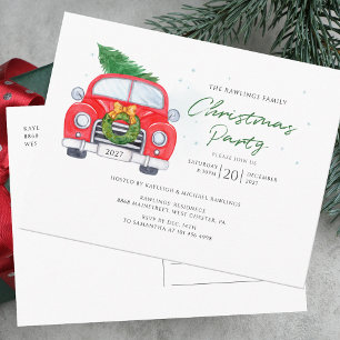 Vintage Red Car with Christmas Tree Family Party Invitation Postcard