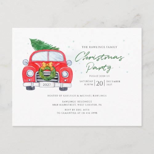 Vintage Red Car with Christmas Tree Family Party Invitation Postcard
