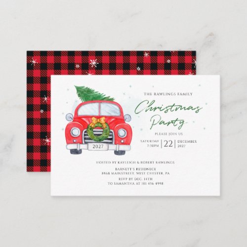 Vintage Red Car with Christmas Tree Family Party Note Card