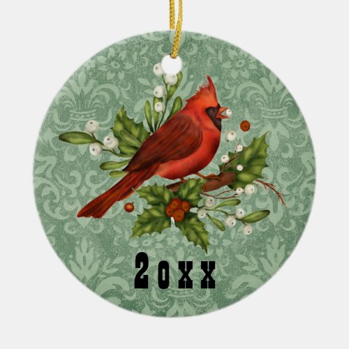 Vintage Red Cardinal Bird Christmas Holiday Year C Ceramic Ornament