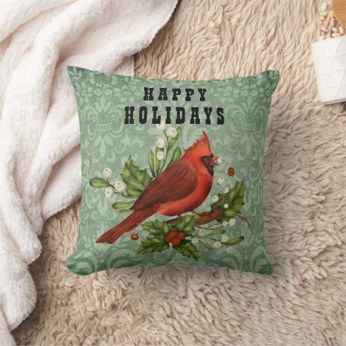Vintage Red Cardinal Bird Green Happy Holidays Throw Pillow