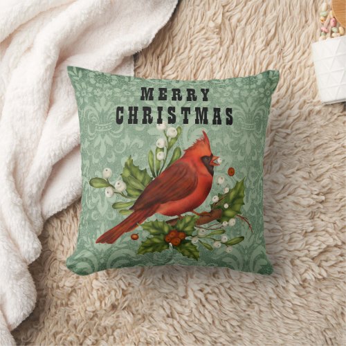 Vintage Red Cardinal Bird Green Merry Christmas   Throw Pillow