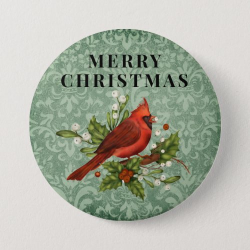 Vintage Red Cardinal Bird Merry Christmas  Button