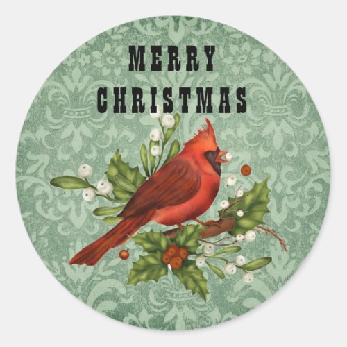 Vintage Red Cardinal Bird Merry Christmas  Classic Round Sticker