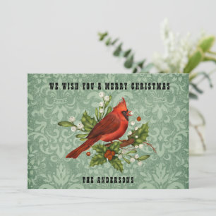 Vintage Red Cardinal Bird Merry Christmas  Holiday Card