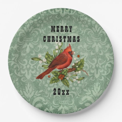 Vintage Red Cardinal Bird Merry Christmas  Paper Plates