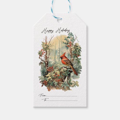 Vintage Red Cardinal Holly Berries Pine Christmas Gift Tags