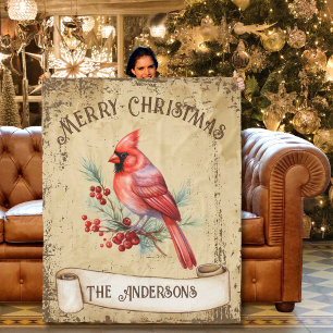 Vintage Red Cardinal Merry Christmas Fleece Blanket