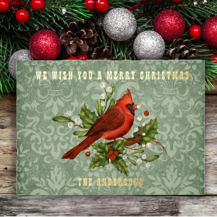 Vintage Red Cardinal Merry Christmas Gold Foil Foil Holiday Card
