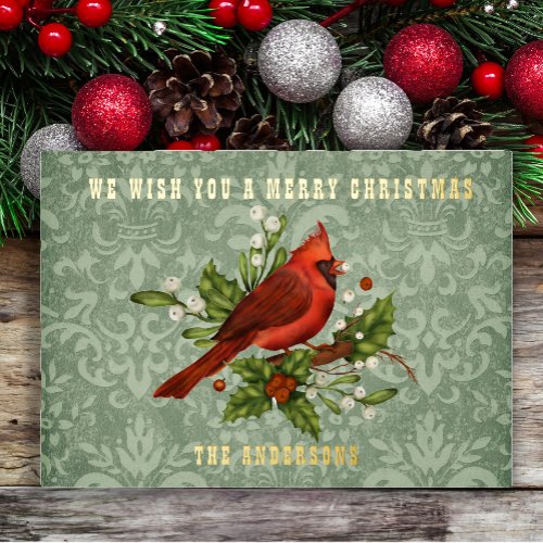 Vintage Red Cardinal Merry Christmas Gold Foil Foil Holiday Card