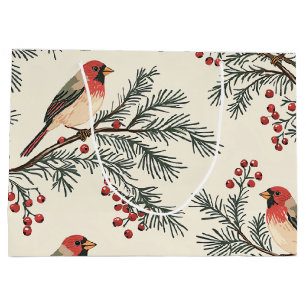 Vintage Red Cardinal Pine Berry Cream Christmas Large Gift Bag