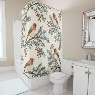 Vintage Red Cardinal Pine Berry Cream Christmas Shower Curtain
