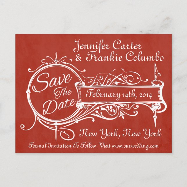 Vintage Red Chalkboard Save The Date Announcement Postcard (Front)
