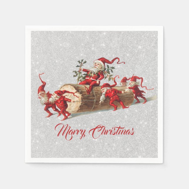 Vintage Red Christmas Elves Holidays Glitter Napkins (Front)