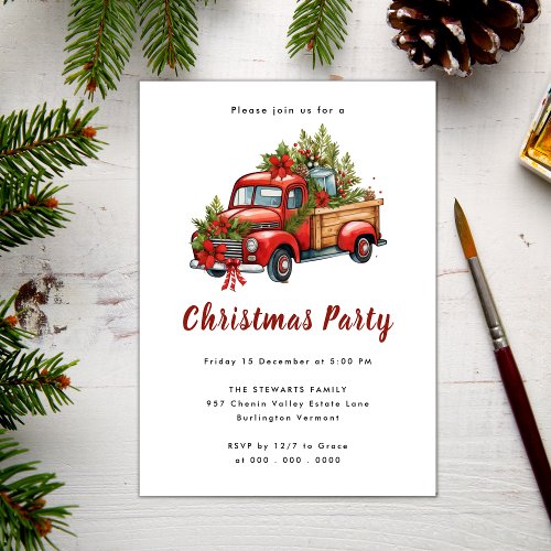 Vintage Red Christmas Floral Truck Holiday Party Invitation
