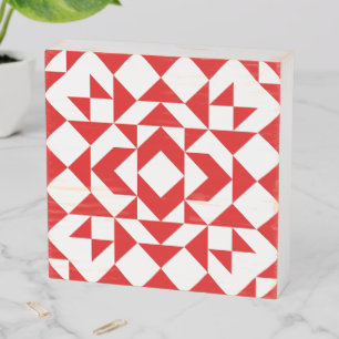 Vintage Red Christmas Geometric Quilt Art Design Wooden Box Sign