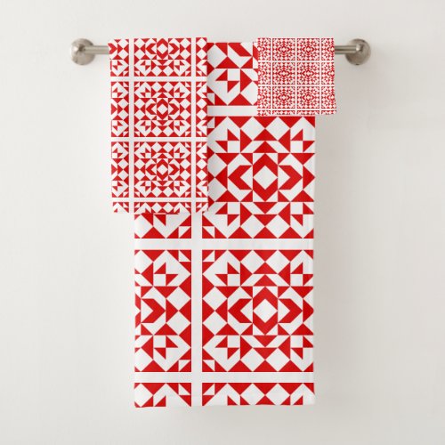 Vintage Red Christmas Geometric Quilt Pattern Bath Towel Set