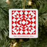 Vintage Red Christmas Geometric Quilt Personalized Ceramic Ornament<br><div class="desc">Decorate your tree with this stylish ceramic ornament featuring a classic red and white quilt block cover design and personalized with your name and year. Great gift for quilters and quilt lovers.</div>