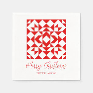 Vintage Red Christmas Geometric Quilt Personalized Napkins
