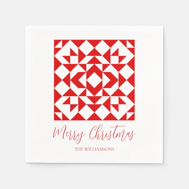 Vintage Red Christmas Geometric Quilt Personalized Napkins (Front)