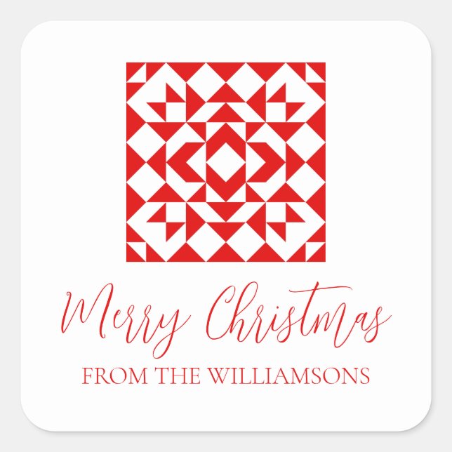 Vintage Red Christmas Geometric Quilt Personalized Square Sticker (Front)