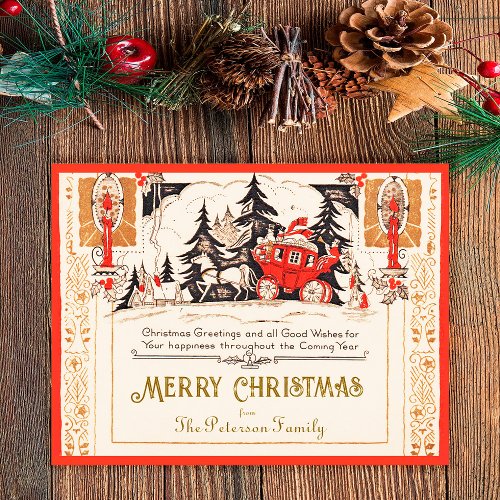 Vintage Red Christmas Greetings Carriage Snow Holiday Postcard
