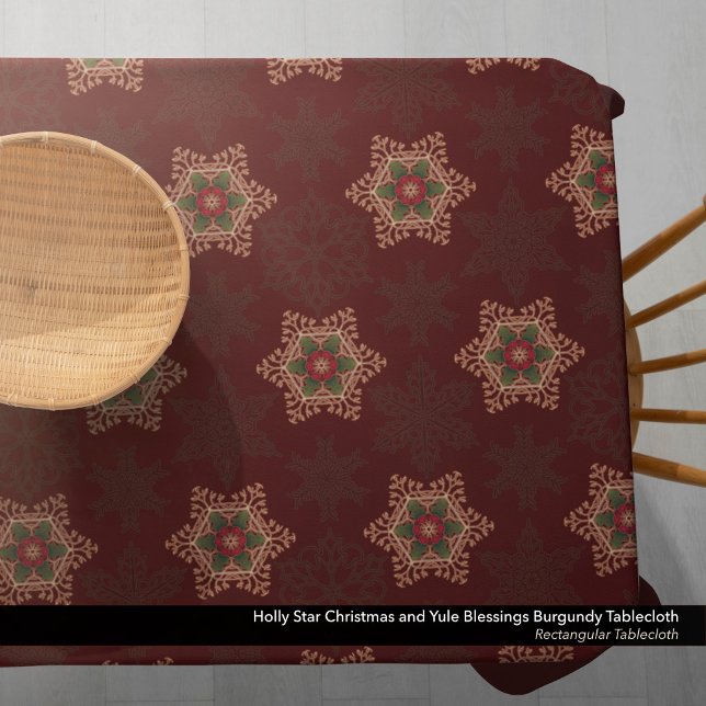 Vintage Red Christmas Holly Celtic Star Pattern Tablecloth (Holly Star Christmas and Yule Blessings Burgundy Tablecloth)