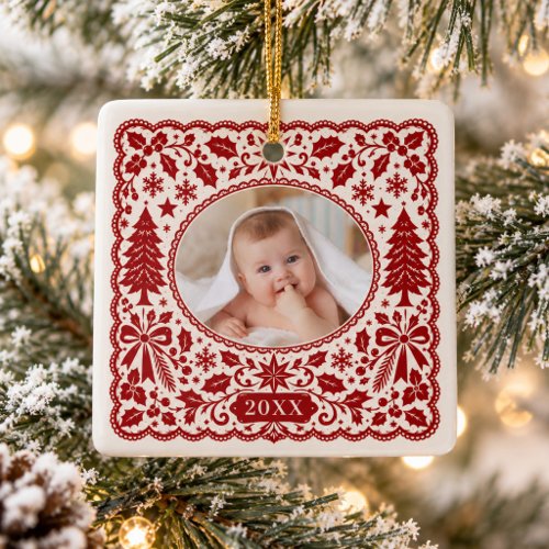 Vintage Red Christmas Lace New Baby Keepsake  Ceramic Ornament