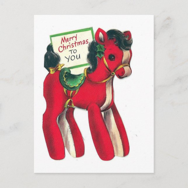 Vintage Red Christmas Pony Holiday Postcard (Front)