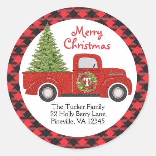 Vintage Red Christmas Truck Buffalo Plaid Address Classic Round Sticker