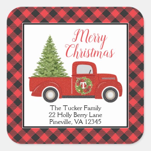 Vintage Red Christmas Truck Buffalo Plaid Address Square Sticker