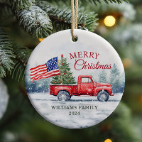 Vintage Red Christmas Truck Christmas Tree Flag Ceramic Ornament
