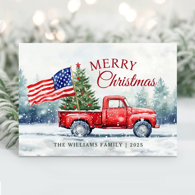 Vintage Red Christmas Truck Christmas Tree Flag Holiday Card (Creator Uploaded)