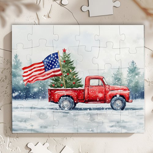 Vintage Red Christmas Truck Christmas Tree Flag Jigsaw Puzzle