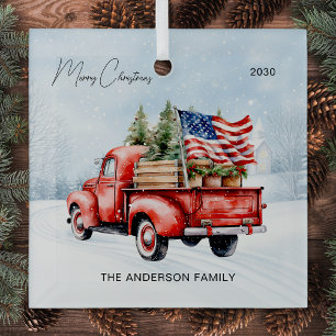 Vintage Red Christmas Truck Farmhouse USA Flag Glass Ornament