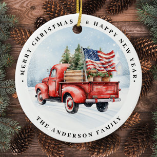 Vintage Red Christmas Truck Patriotic USA Flag Ceramic Ornament