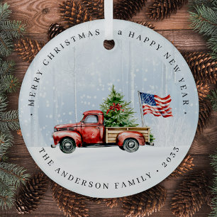 Vintage Red Christmas Truck Patriotic USA Flag Glass Ornament