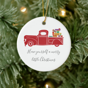 Vintage Red Christmas Truck Photo Ceramic Ornament