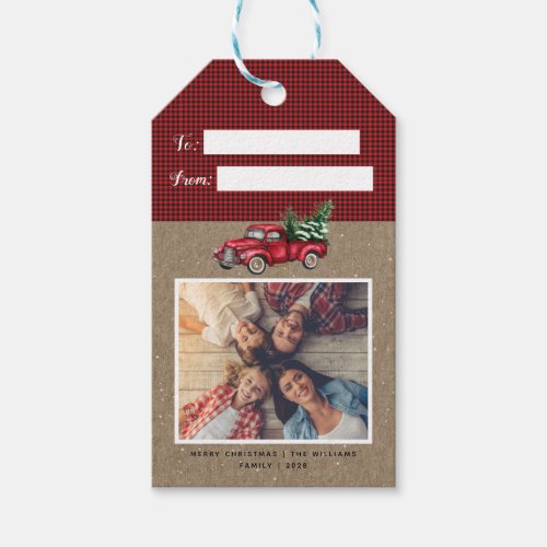 Vintage Red Christmas Truck Tree 2 Photo Gift Tag