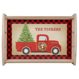Vintage Red Christmas Truck &amp; Tree Buffalo Plaid Serving Tray