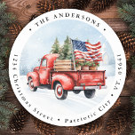 Vintage Red Christmas Truck US Flag Return Address Classic Round Sticker<br><div class="desc">Vintage Red Truck Christmas Cards Celebrate the Holidays with Patriotic Charm Spread joy and festive cheer this holiday season with our Vintage Red Truck Christmas Cards. Perfectly capturing the spirit of a rustic winter wonderland, these cards feature a charming red truck adorned with a Christmas tree in the back, set...</div>