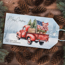 Vintage Red Christmas Truck USA Flag Patriotic