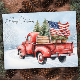 Vintage Red Christmas Truck USA Flag Patriotic Holiday Postcard