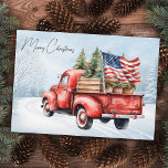 Vintage Red Christmas Truck USA Flag Patriotic Note Card<br><div class="desc">Vintage Red Truck Christmas Cards Celebrate the Holidays with Patriotic Charm Spread joy and festive cheer this holiday season with our Vintage Red Truck Christmas Cards. Perfectly capturing the spirit of a rustic winter wonderland, these cards feature a charming red truck adorned with a Christmas tree in the back, set...</div>