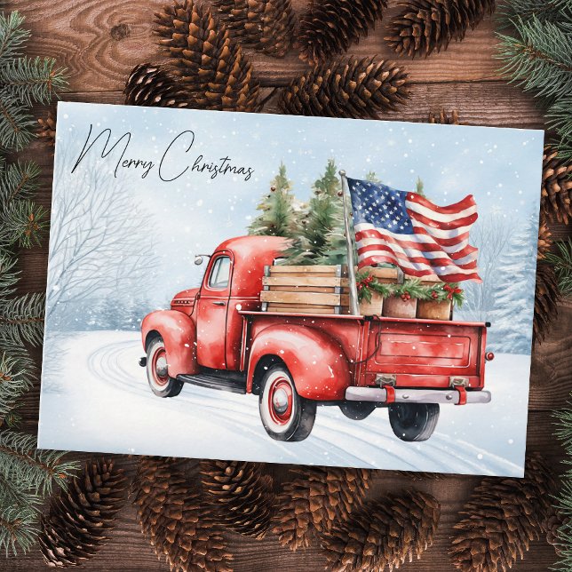 Vintage Red Christmas Truck USA Flag Patriotic Note Card (Creator Uploaded)