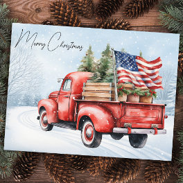 Vintage Red Christmas Truck USA Flag Patriotic Postcard