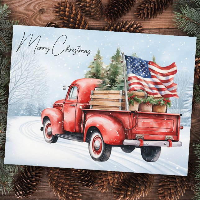 Vintage Red Christmas Truck USA Flag Patriotic Postcard (Creator Uploaded)