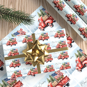 Vintage Red Christmas Truck USA Flag Patriotic Wrapping Paper Sheets